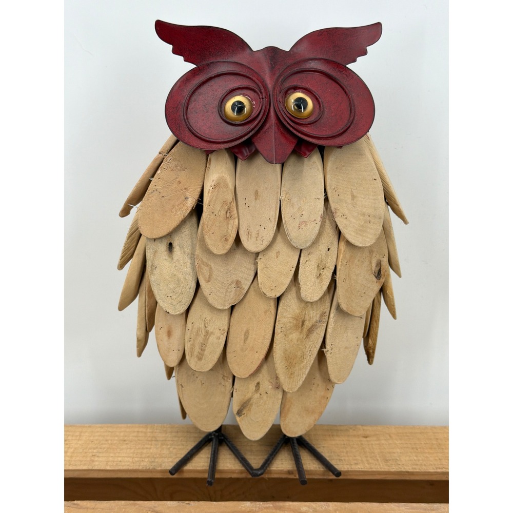 Rustic Metal and Wood Slice Owl Figurine Red Farmhouse Folk Art Decor 12.5in